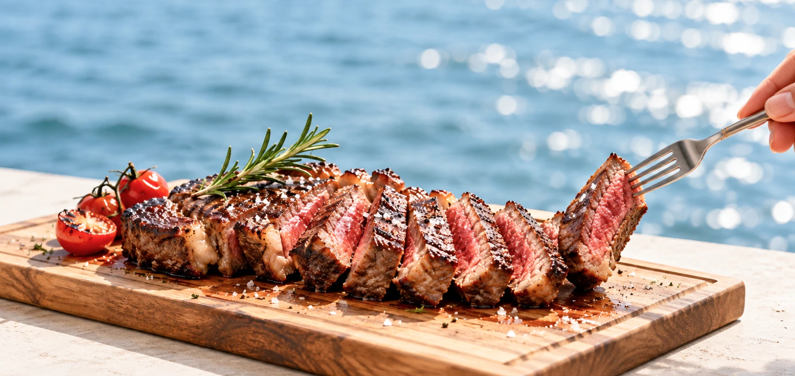 Carne grelhada servida junto ao rio